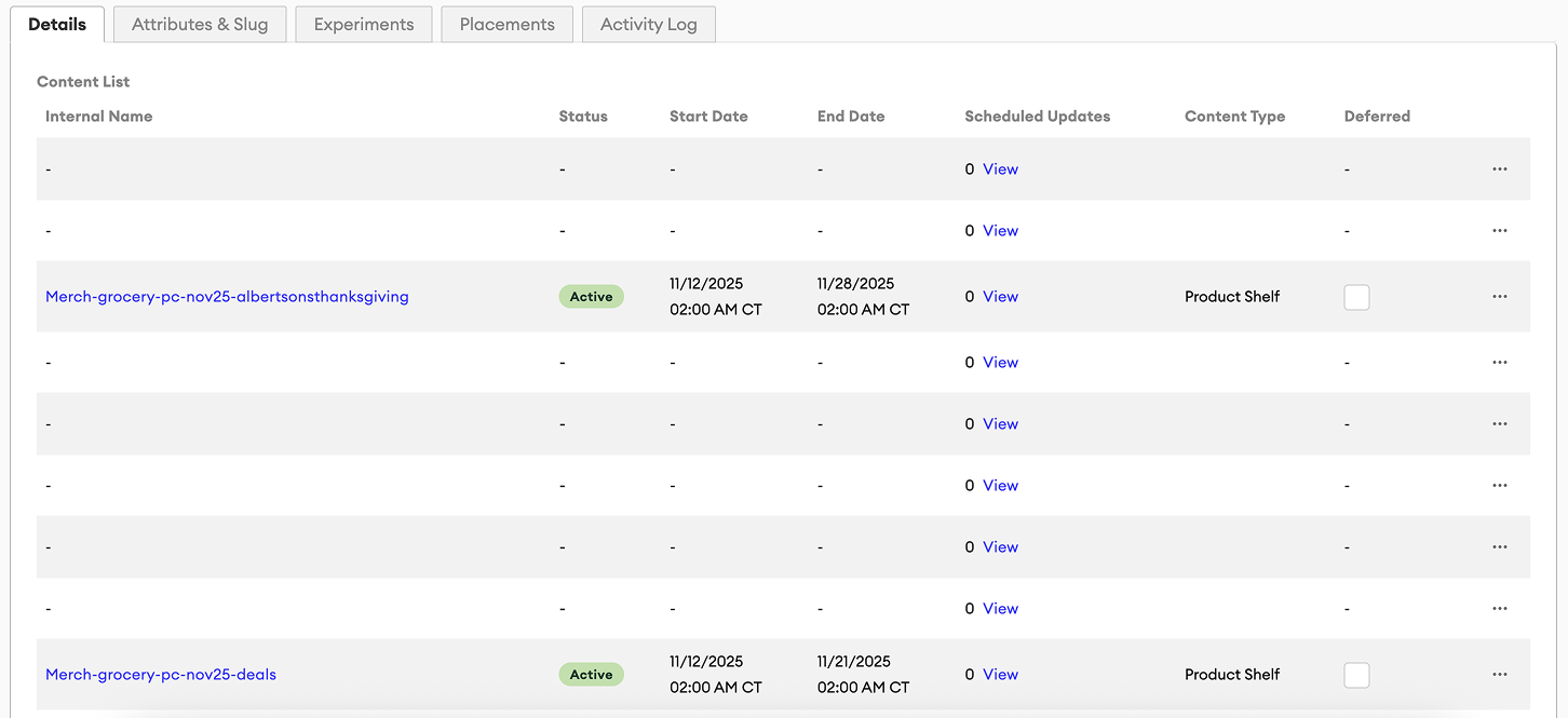 Before: table rows with empty cells for future and expired content