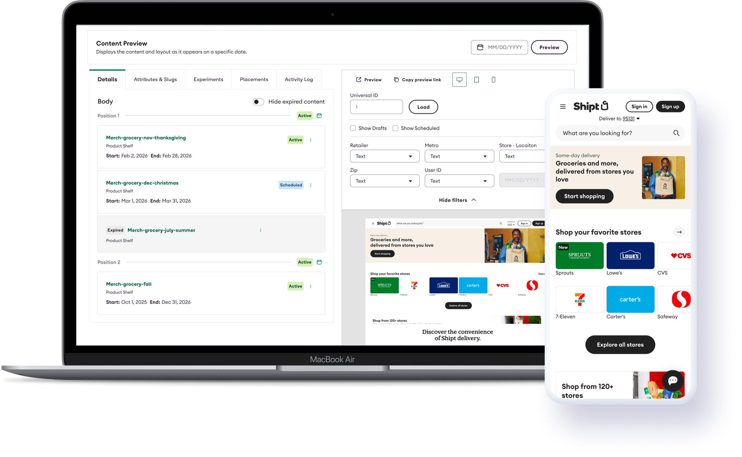 Shipt CMS content preview on laptop and mobile app