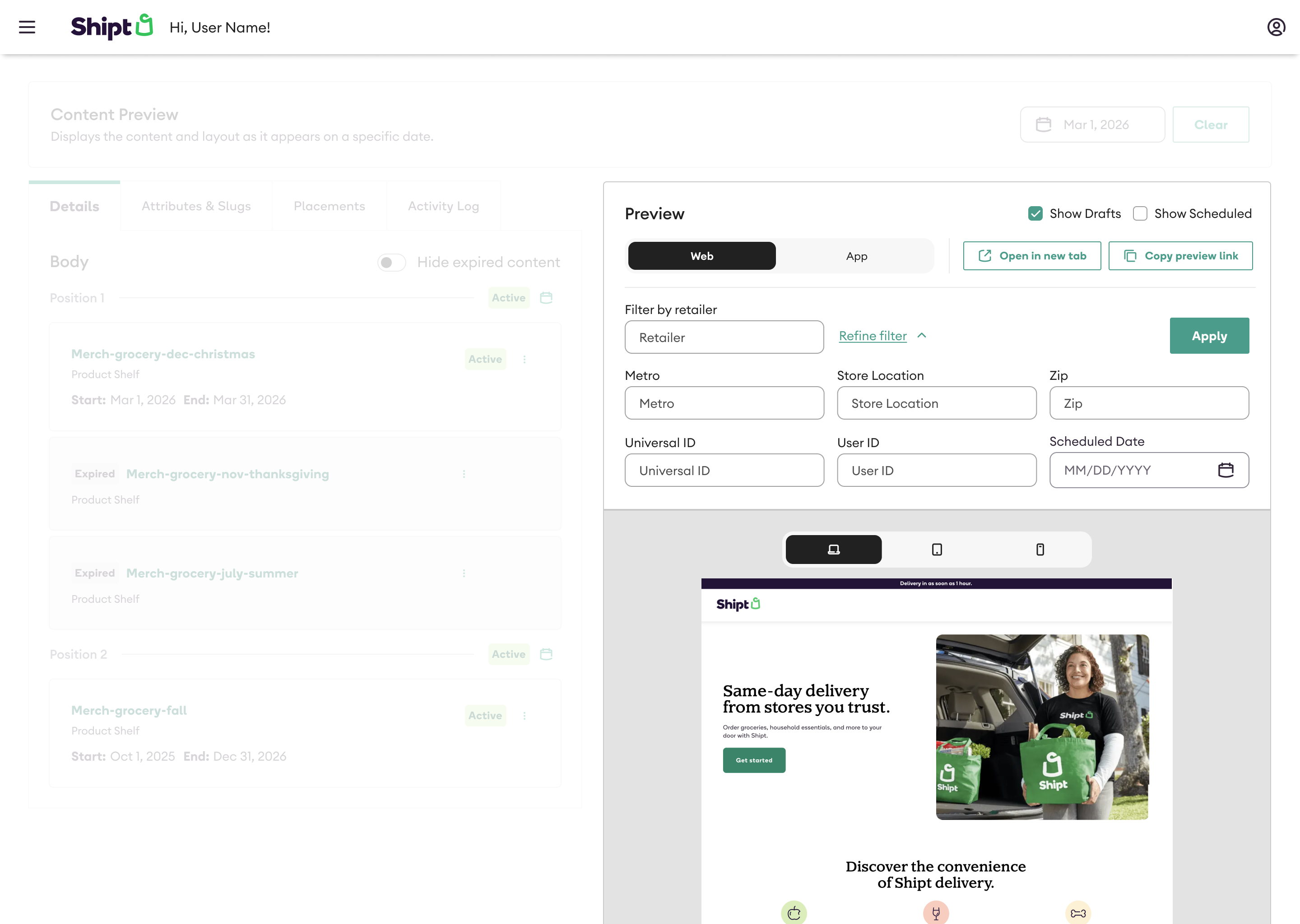 Content preview with web and app toggle, retailer and zip filters, and live homepage preview
