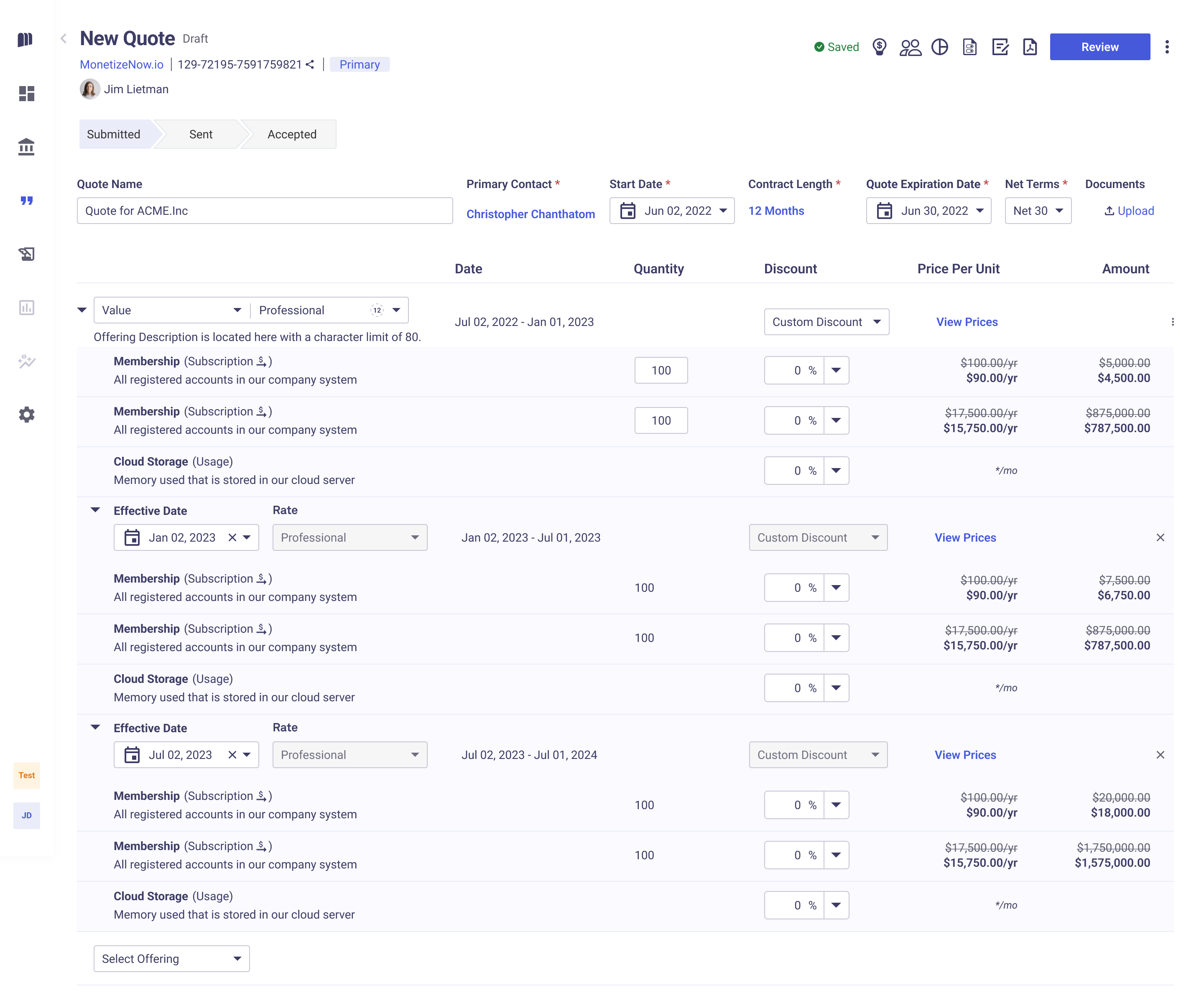 Scheduled rate changes on a multi-year quote in the BDR tool